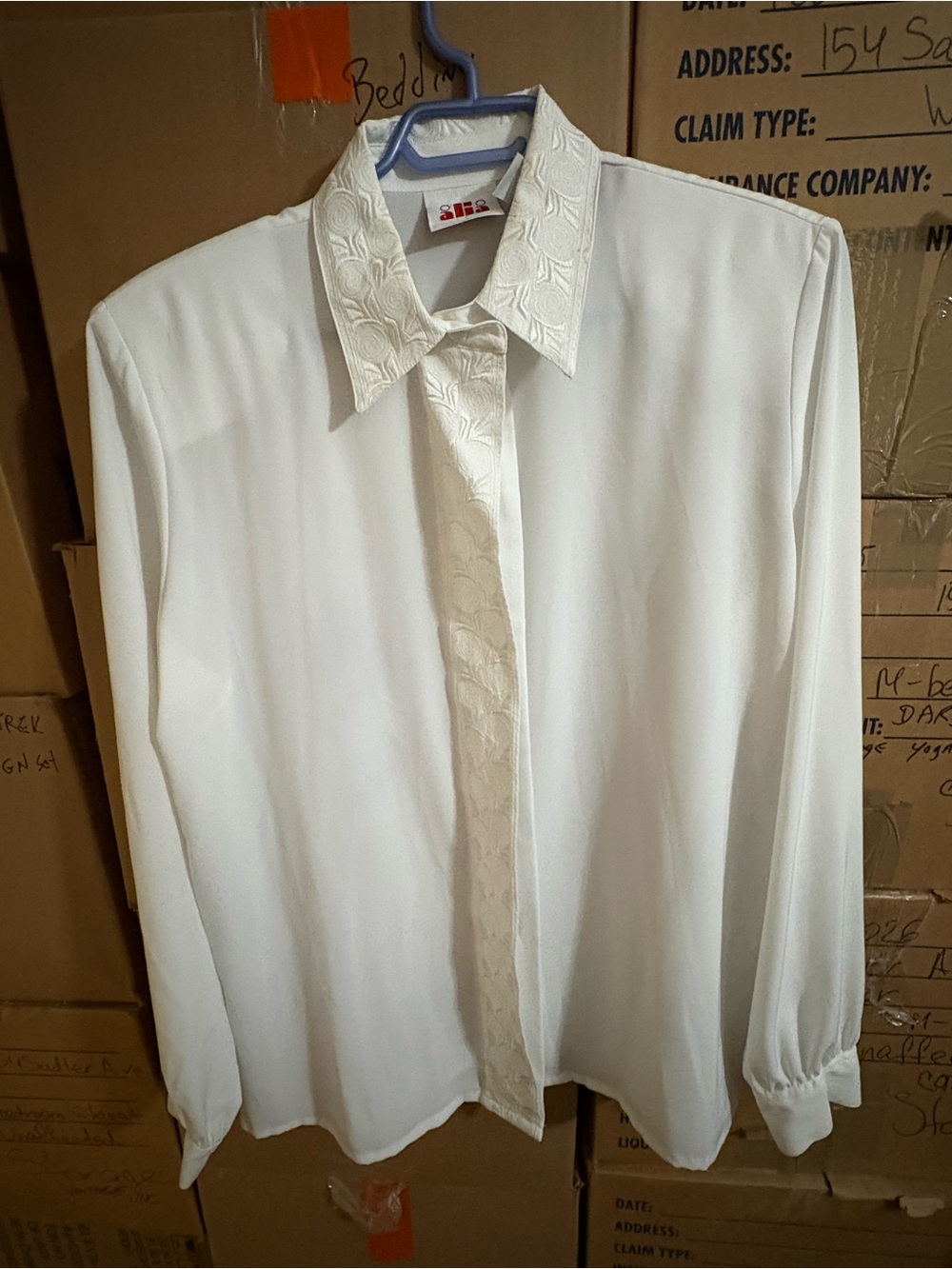 Vintage Alia White Long-Sleeve Career Blouse with Embroidered Placket